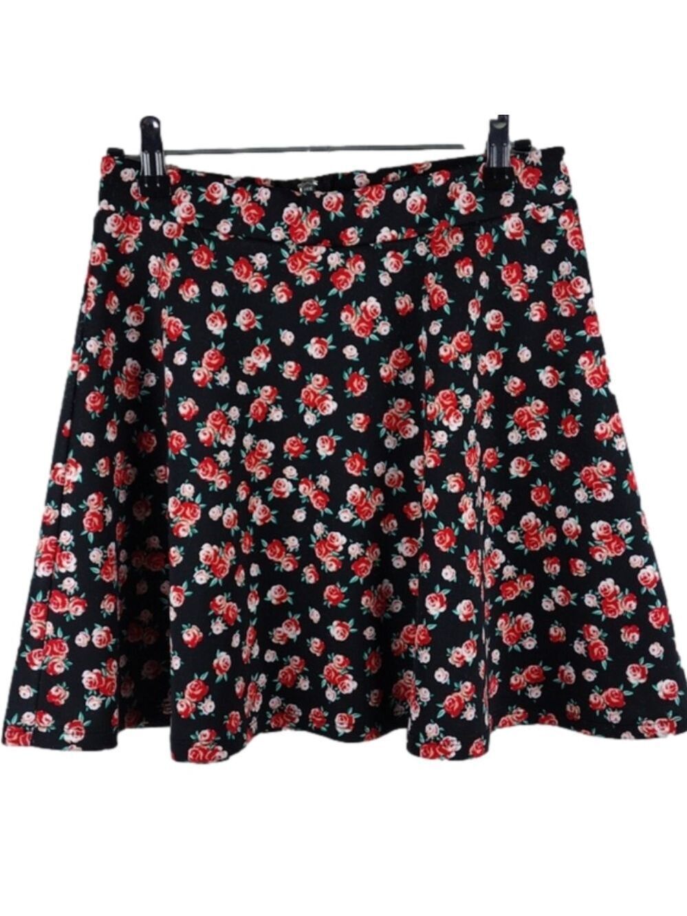 Olsenboye Black Pink Rose Floral Polyester Flat Front Zip Back Mini Circle Skirt